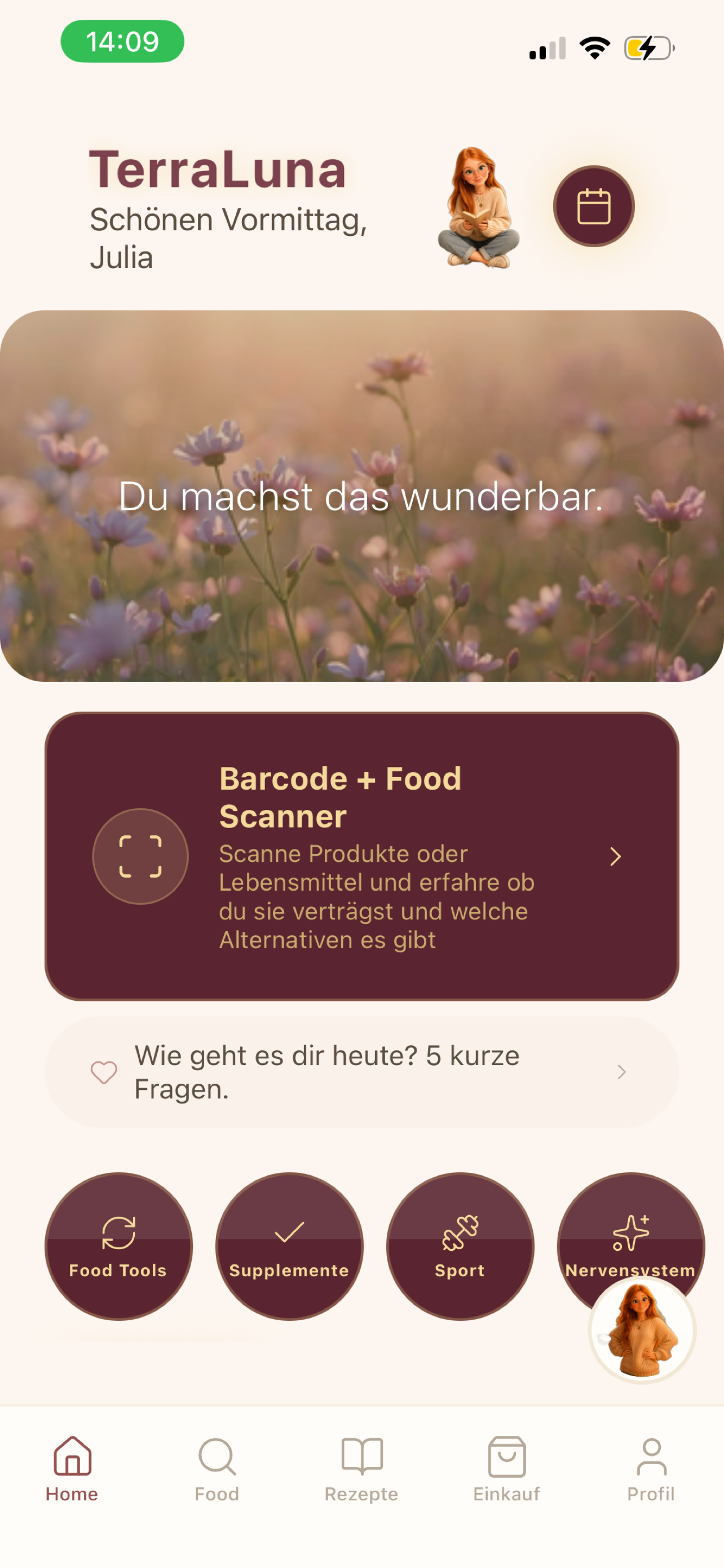 Heute-Tab mit Tagesphase, Scanner, Stimmungs-Check