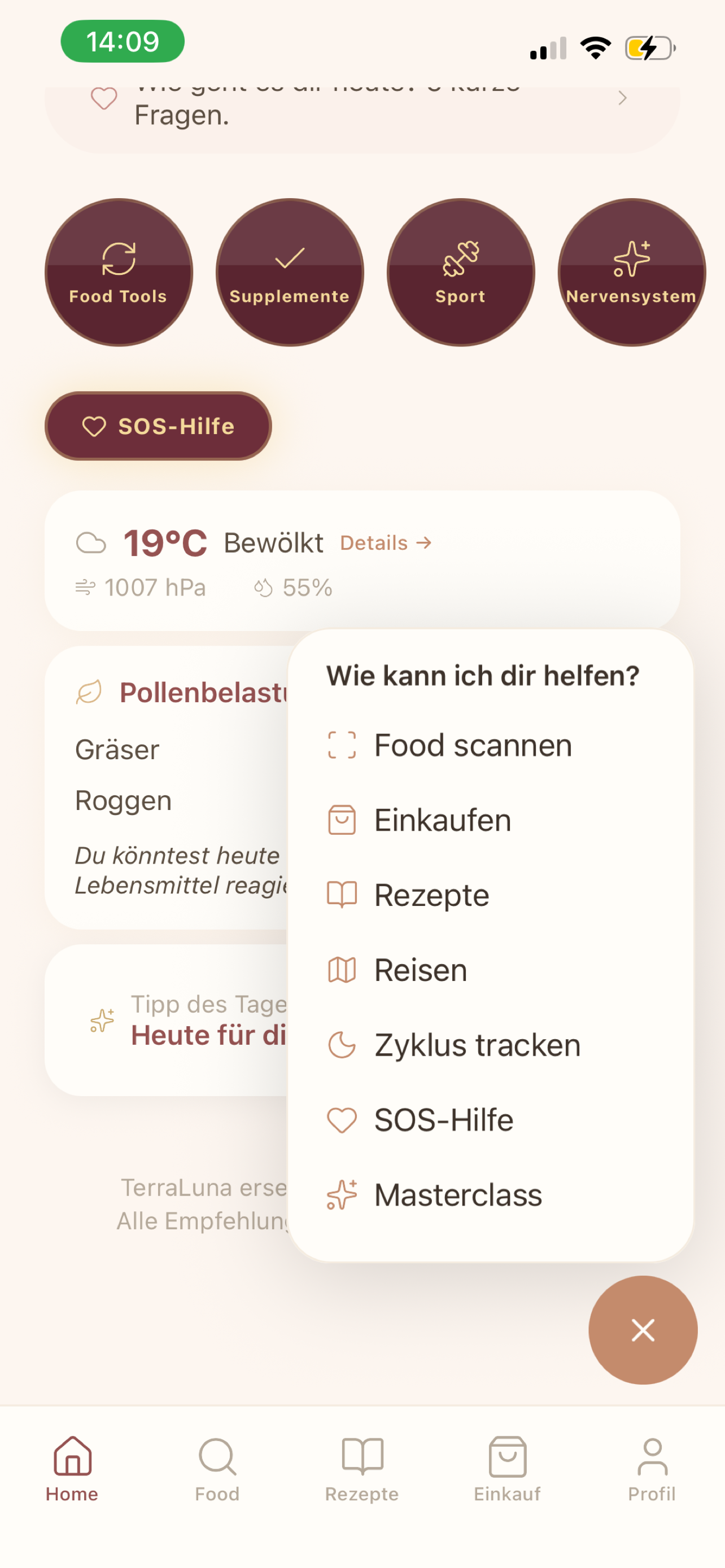 Schnellzugriff-Menü mit Food scannen, Einkaufen, Rezepte, Zyklus, SOS