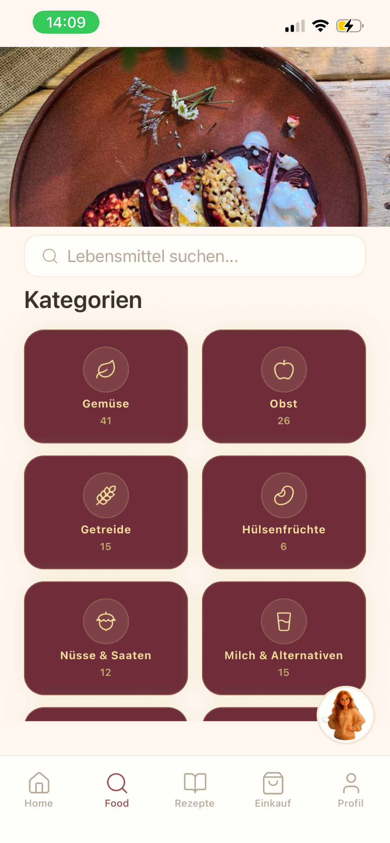 Lebensmittel-Datenbank mit Kategorien