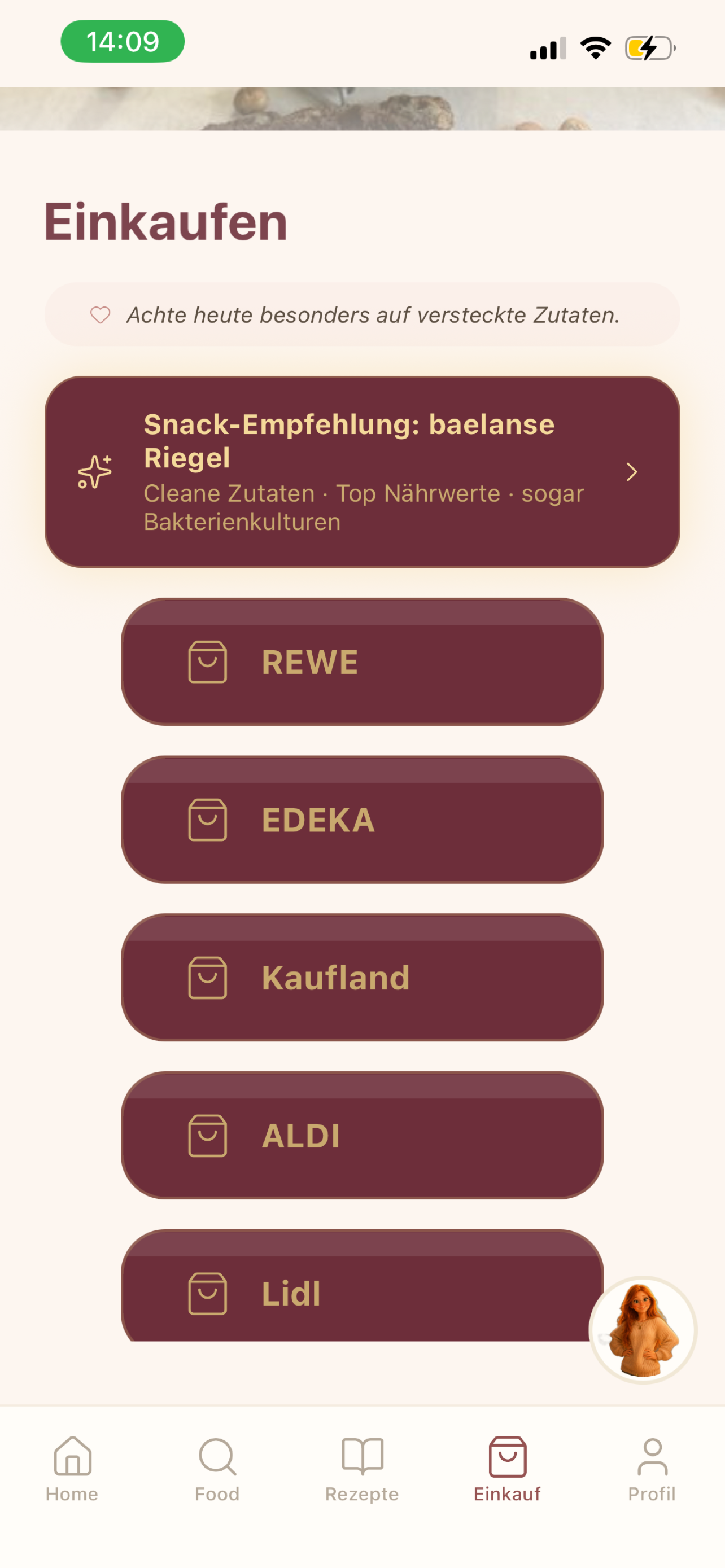 Einkaufslisten pro Supermarkt mit Snack-Empfehlungen