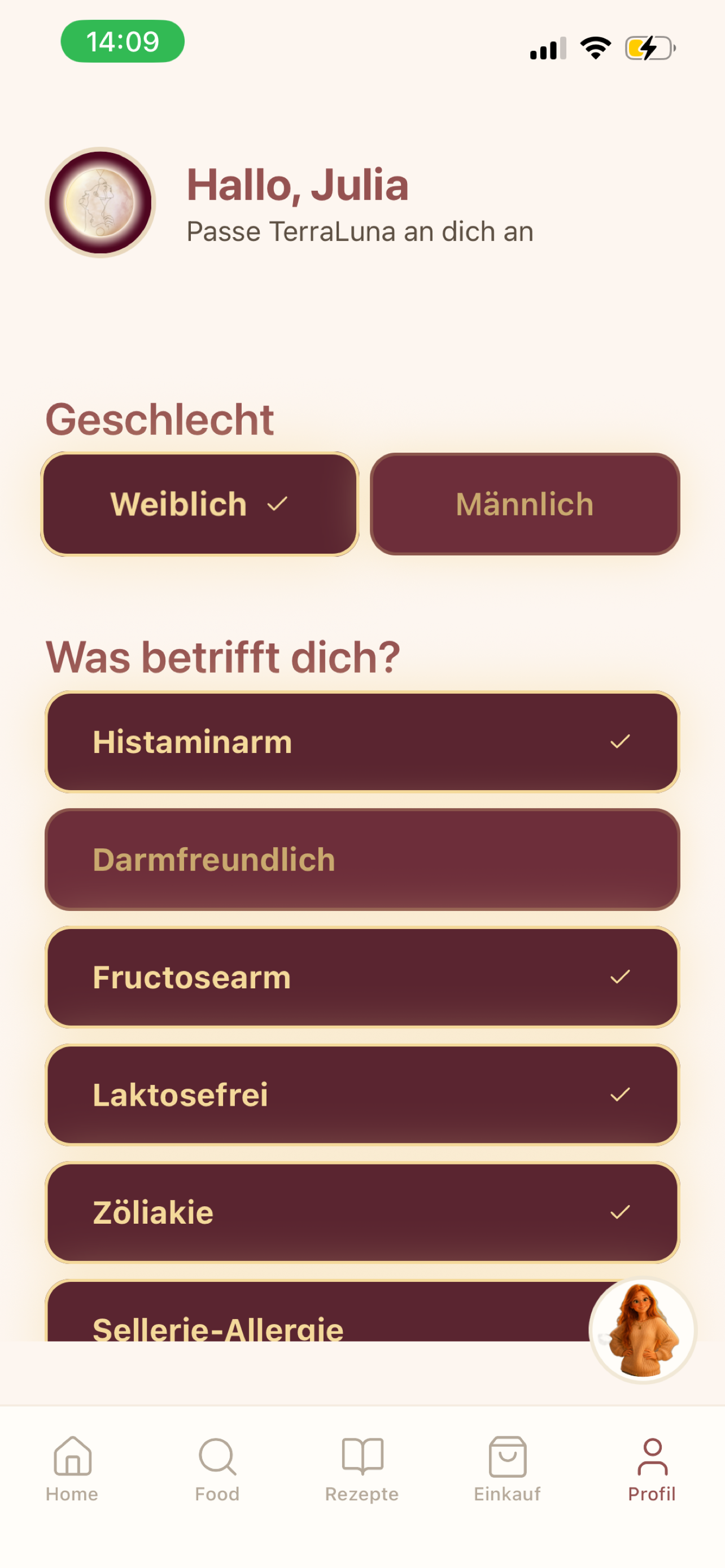 Profil mit Welten-Auswahl: Histaminarm, Darmfreundlich, Fructosearm