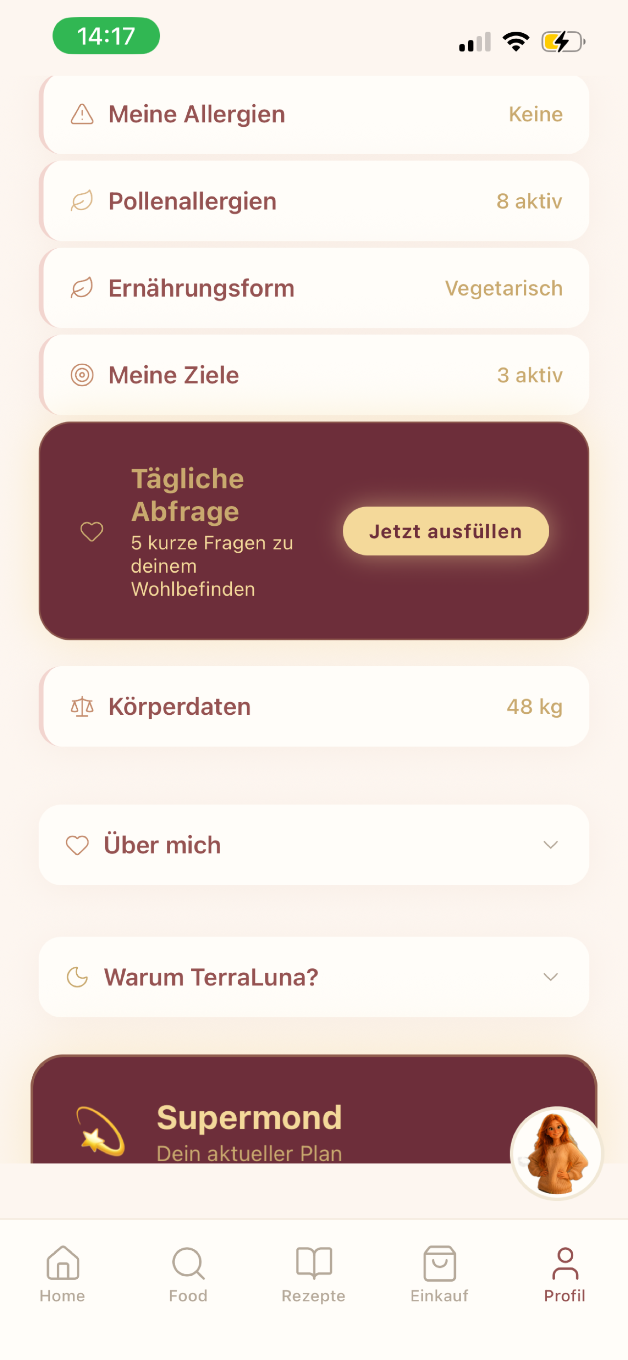 Profil-Übersicht mit Allergien, Pollen, Ernährungsform, Zielen
