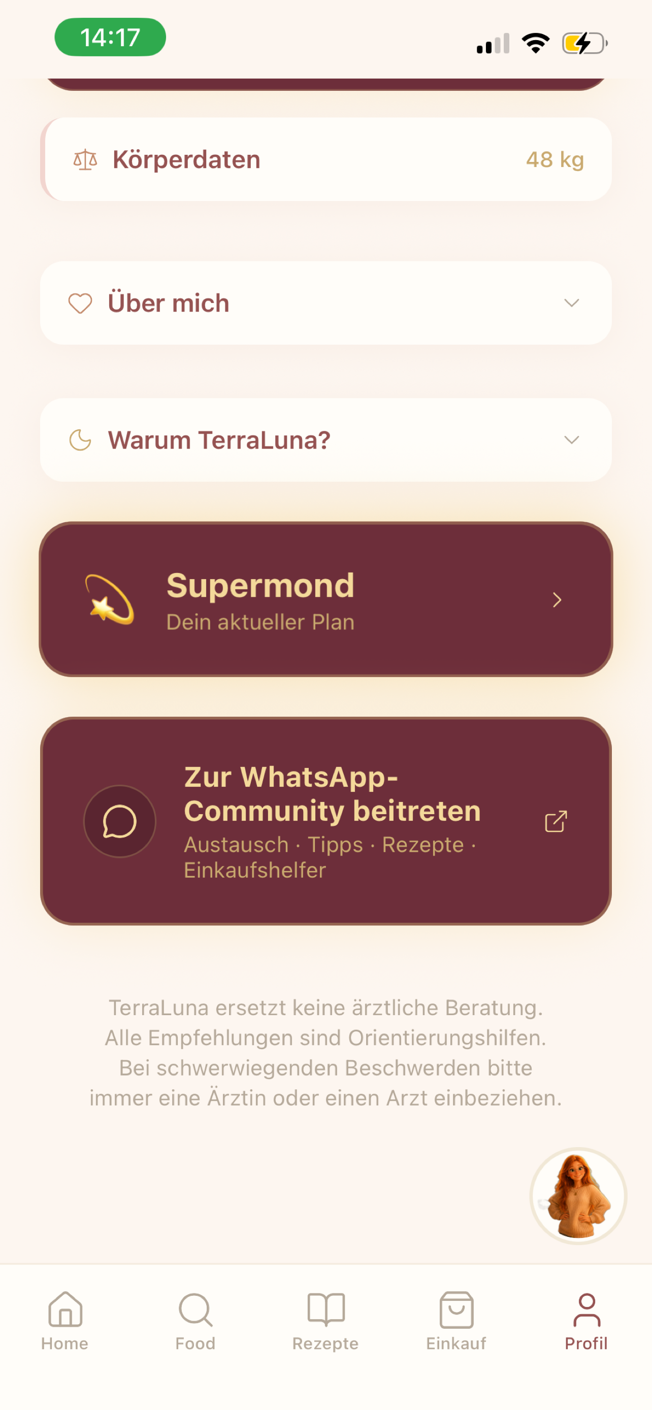 Profil mit aktivem Vollmond-Abo und WhatsApp-Community