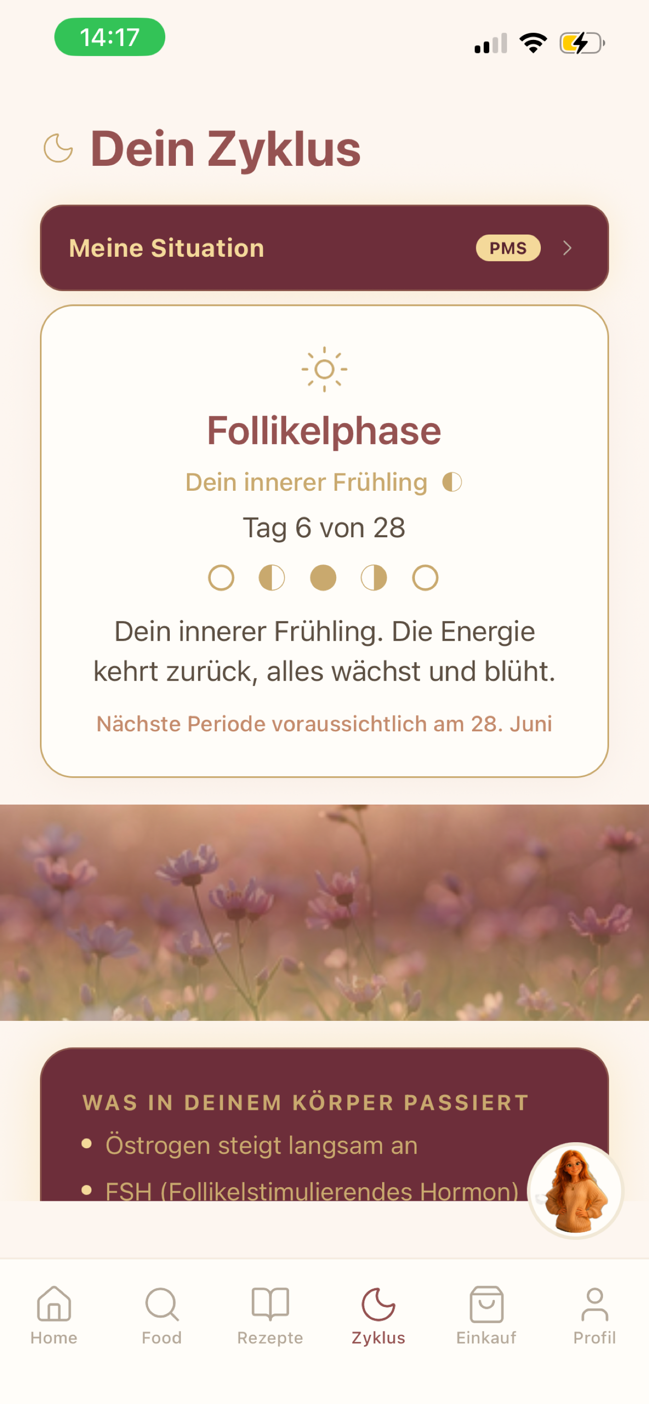 Zyklustracker mit Follikelphase und Phasenbeschreibung