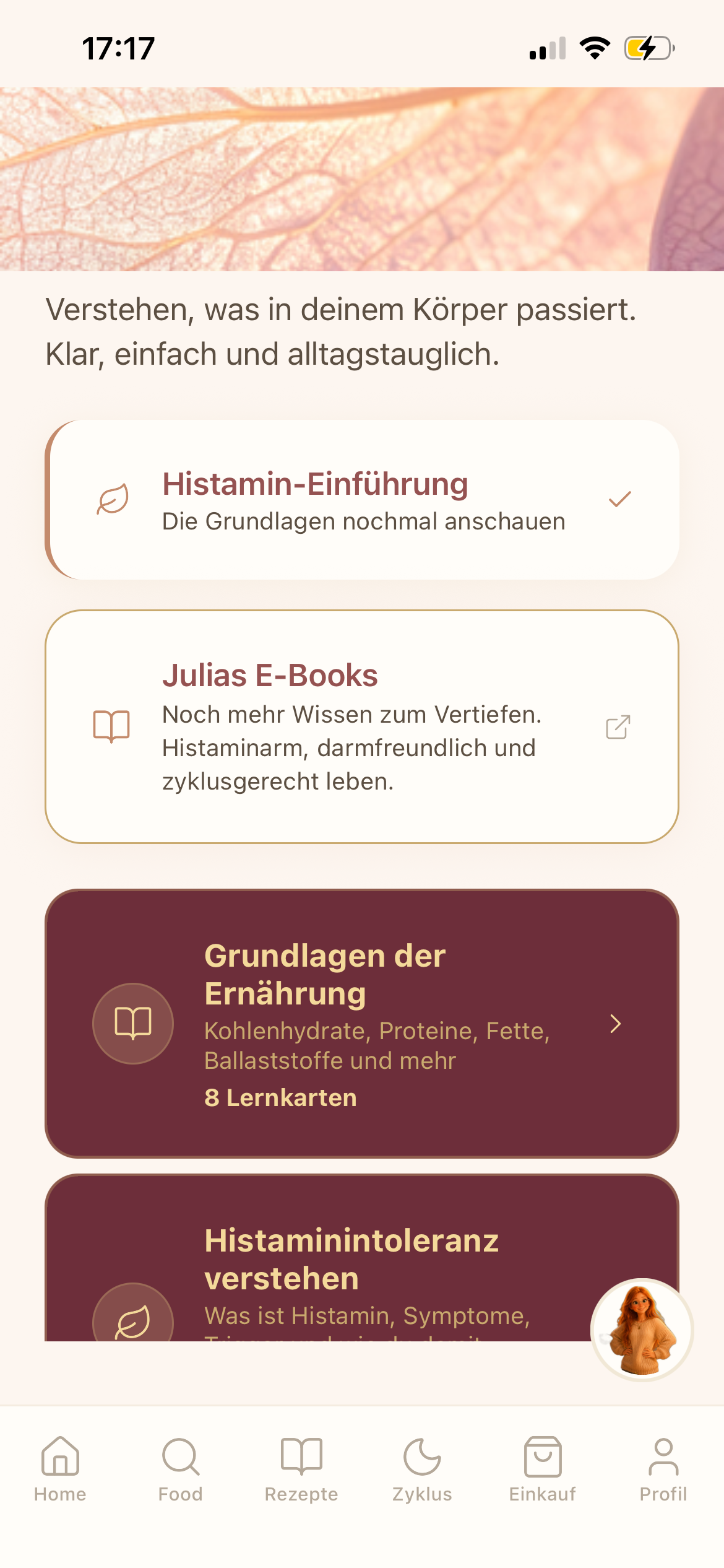 Lernbibliothek mit Karten zu Histamin, Darm, Zyklus